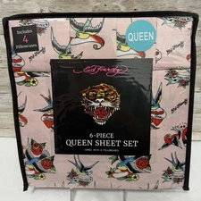 Ed Hardy 6 Piece Queen Sheet Set Pink Tattoo Print Includes 4 Pillowcases