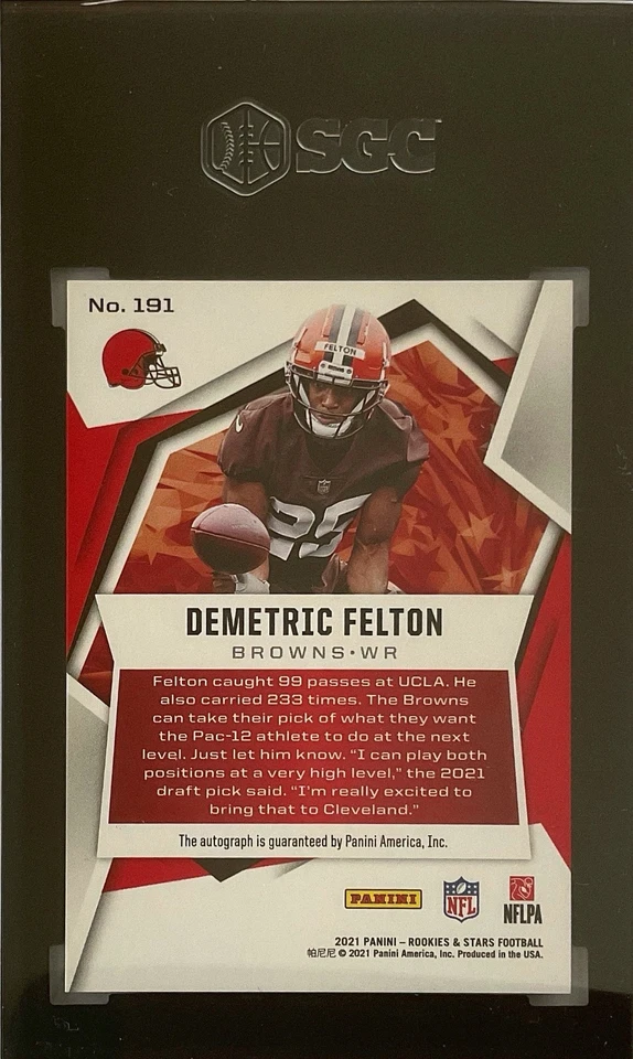 2021 Panini Rookies &  - Demetric Felton Rookie Auto Numbered /5 SGC 10 #191 - Image 2 of 2