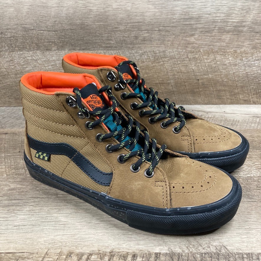 VANS Skate Sk8-Hi Exterior Marrón Negro Cuero/Lona Zapatos Hombres 7 Mujeres 8.5 NUEVO