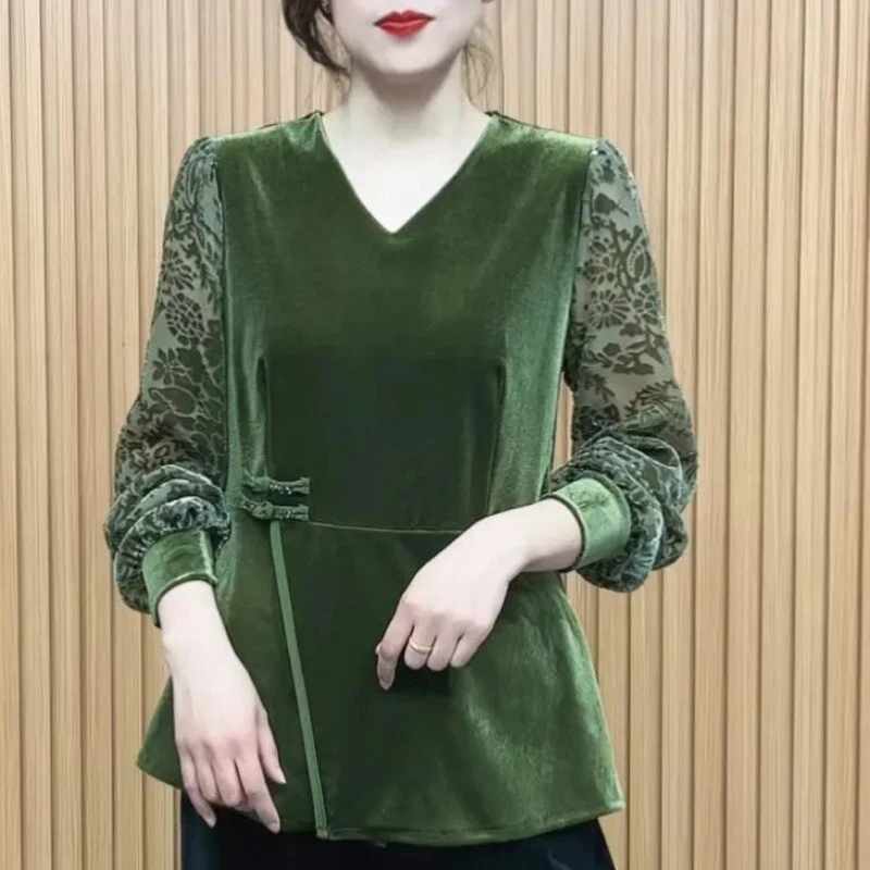 Women Mesh Sleeve Velvet Velour Shirt Tops Pullover V-Neck