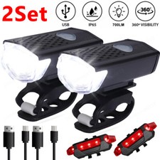 2 Sets USB Rechargeable LED Bicycle Headlight Bike Front Rear Lamp Cycling US