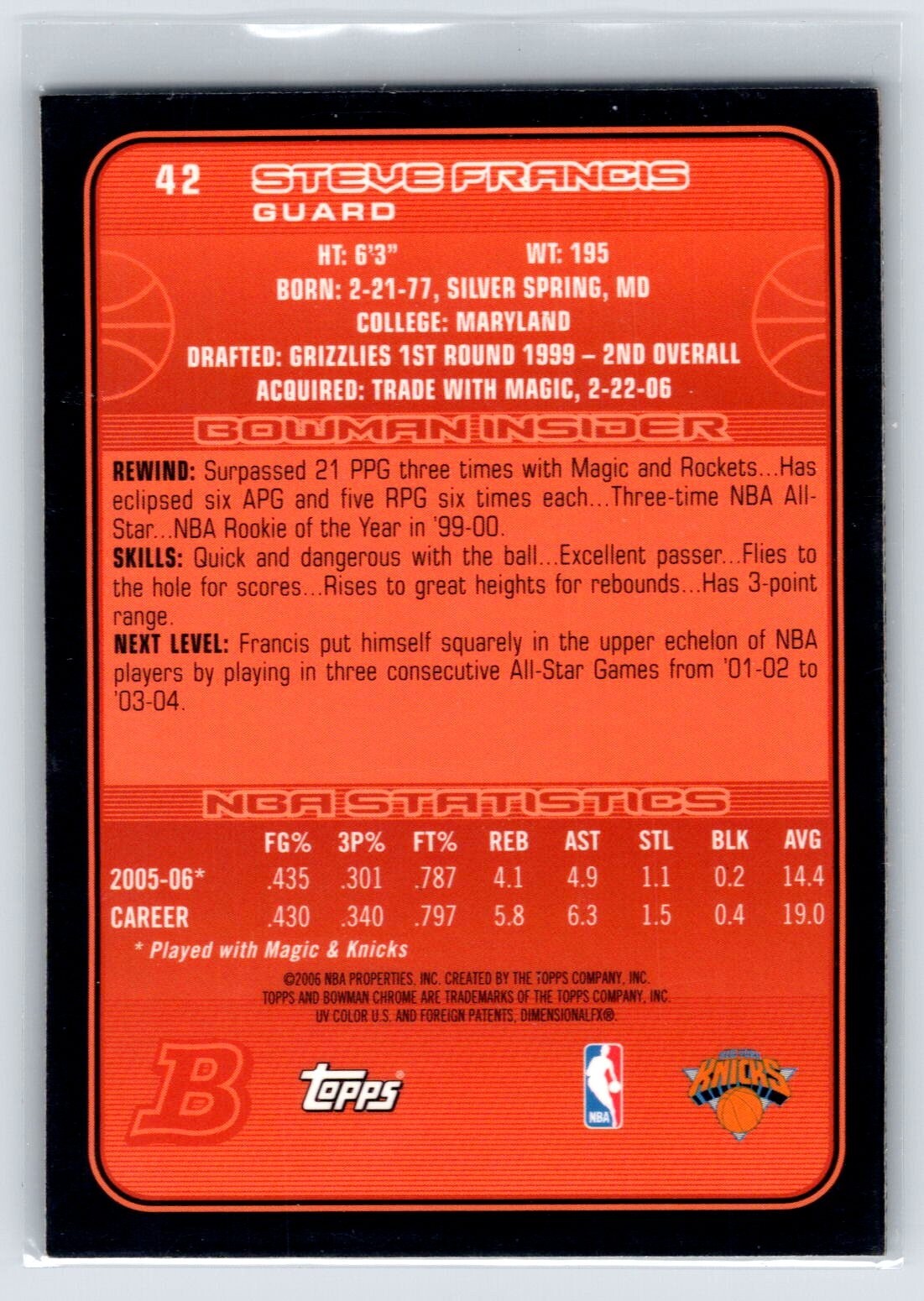 200607 Bowman Chrome 42 Steve Francis New York Knicks Basketball Card