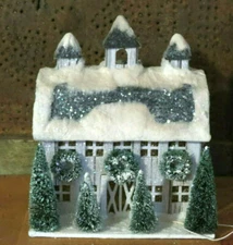 Primitive Colonial Christmas Light Up Snowy 7" White Dutch Barn Putz House
