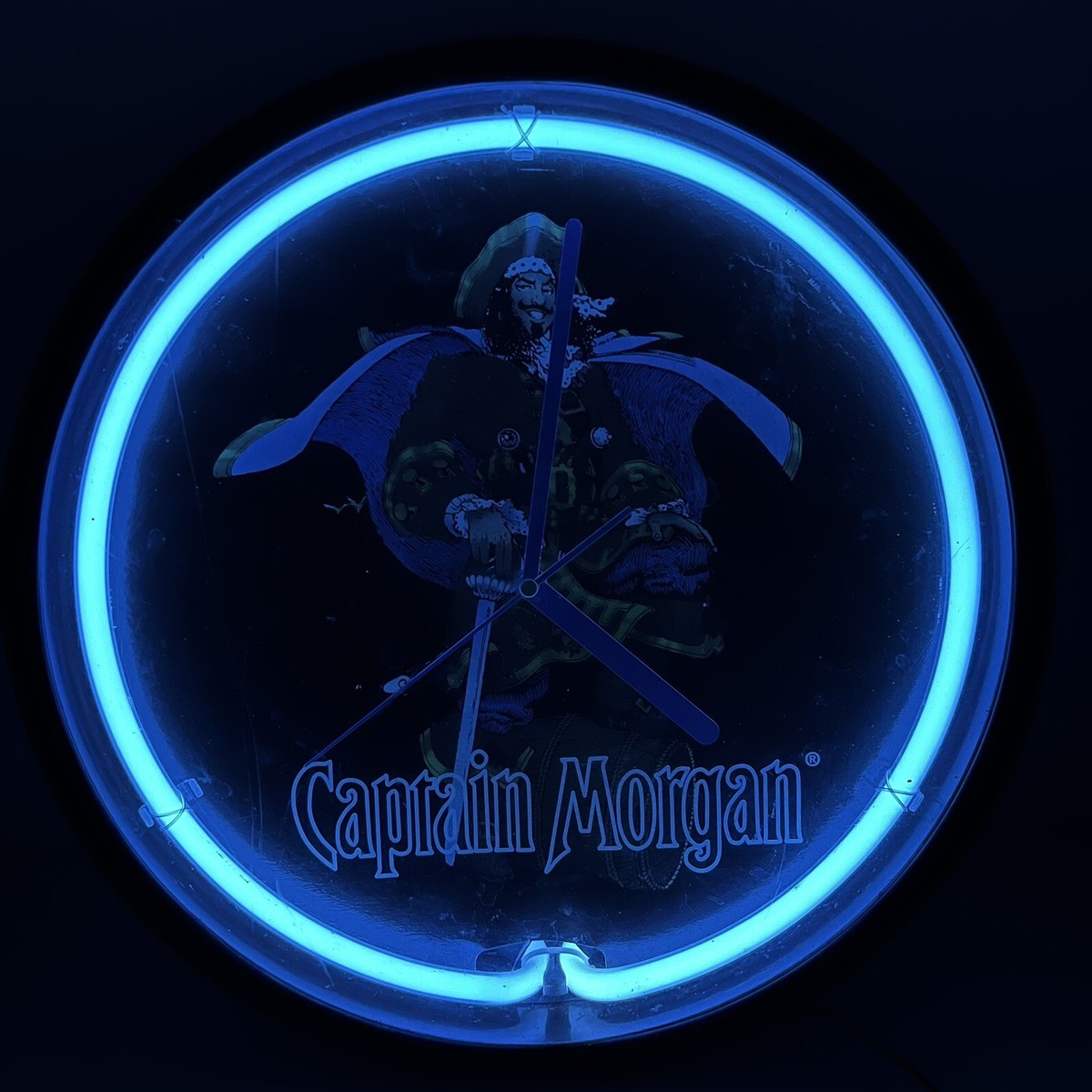 Vintage CAPTAIN MORGAN Clock with Working Blue Neon Light / Clock