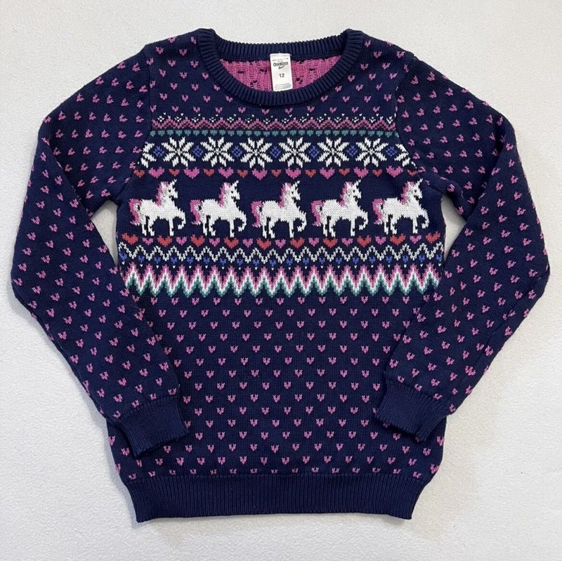 OshKosh B'Gosh Girl Blue PInk Fair Isle Silver Metallic Unicorn Knit Sweater 12