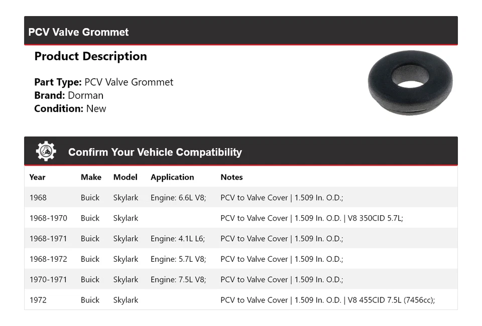 Para 1968-1972 Buick Skylark Dorman PCV válvula ilhó 1969 1970 1971 - Imagem 2 de 4