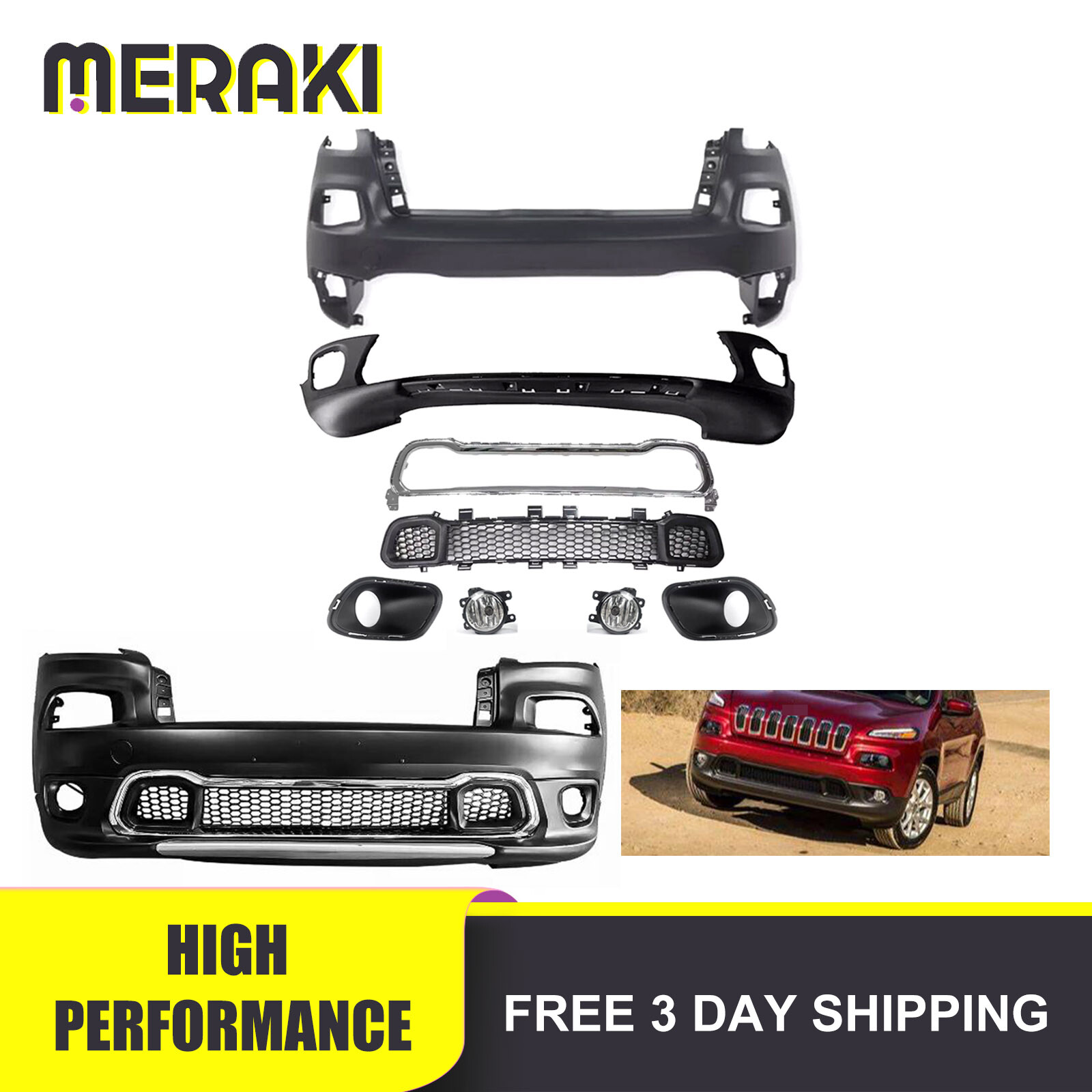 Fits 15-18 Cherokee Front Bumper Cover+Lower Grille+Trim Surround+Fog lamp Kits