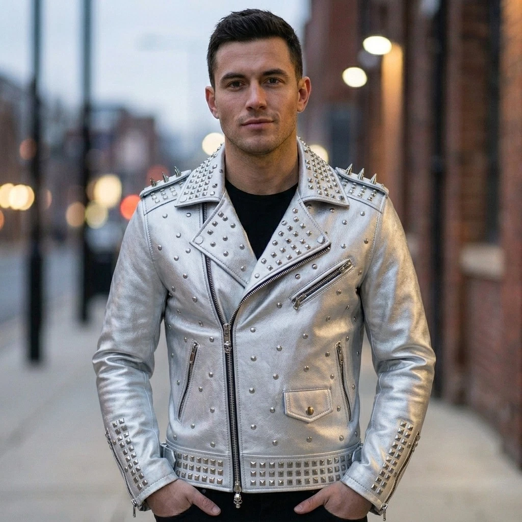 Men’s Silver Metallic Leather Jacket – Spiked & Studded – Skull Back Print
Opens in a new window or