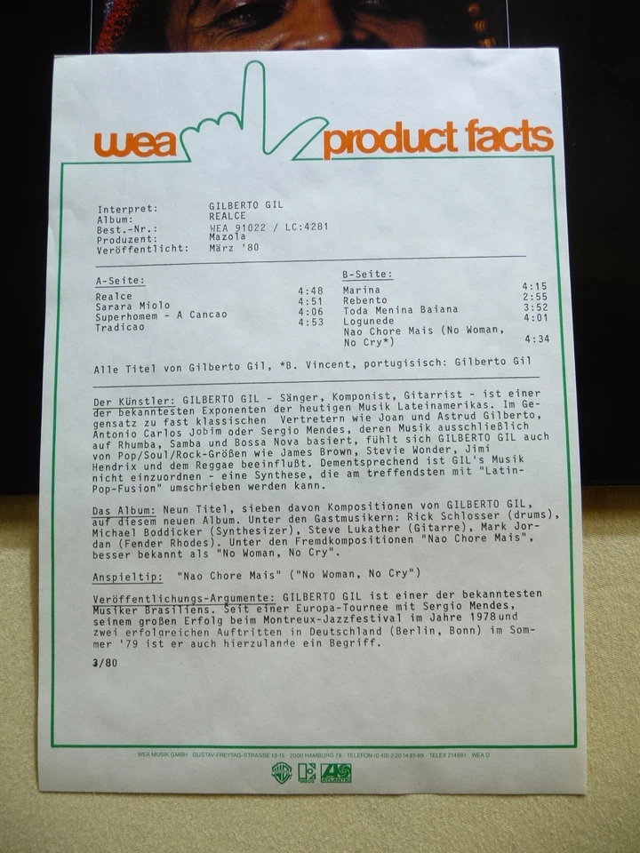 Gilberto Gil – Realce (Promotion Copy + Promo-Sheet, Unplayed) - Bild 2 von 4