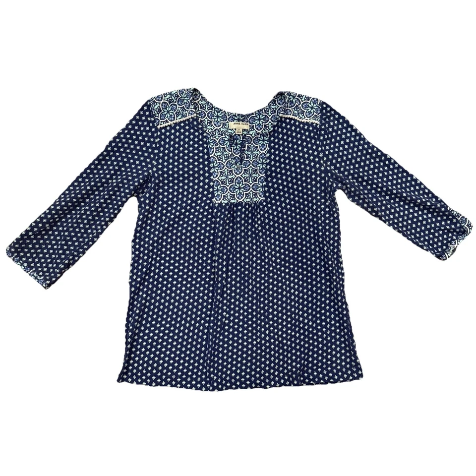 Camisa feminina de algodão Anne Klein gola V azul tamanho M - Imagem 2 de 4
