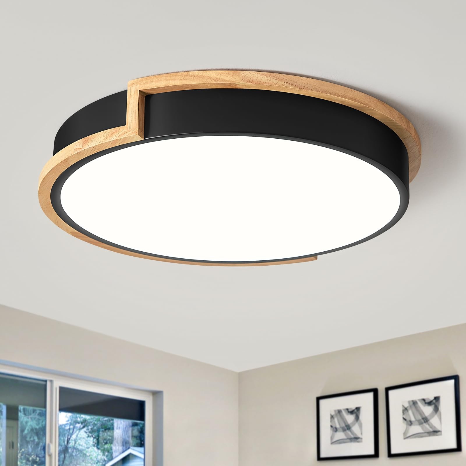 Plafonnier LED 36W noir 40cm bois luminaire de plafond pour chambre et salon