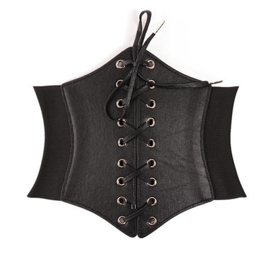 Women Ladies Black Wide Faux Leather Stretch Belt Elastic Corset Dress Waistband