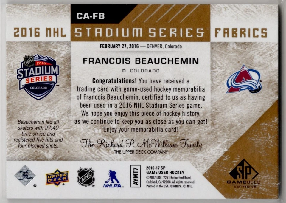 2016-17 SP Game Used Stadium Series Fabrics Patch #CAFB Francois Beauchemin /35 - Image 2 of 2