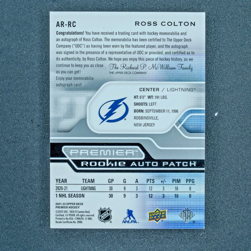 2021-22 Upper Deck Premier Hockey Ross Colton Rookie Auto Patch /249 #AR-RC - Image 2 of 3