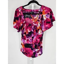 AB Studio Women's Multicolor Short Sleeve V-neck Printed Top Size M