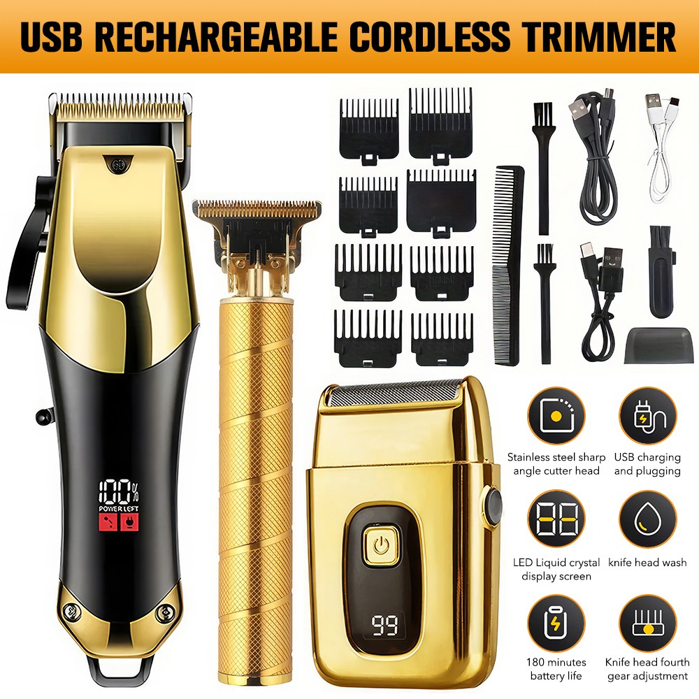 Men Hair Clipper T-Blade Trimmer Hair Shaver Set USB Recharg