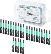 Security Bit Set 25pcs Impact Drive Bits, CNC Machined 2" Torx & Hex-Shank S2