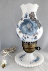 Vintage Milk Glass Blue/Gray Floral 11" Hurricane Table Lamp w/ Hobnail Rim