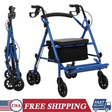 Foldable Rolling Rollator Walker Transport Chair for Seniors w/ Seat  6" Wheels