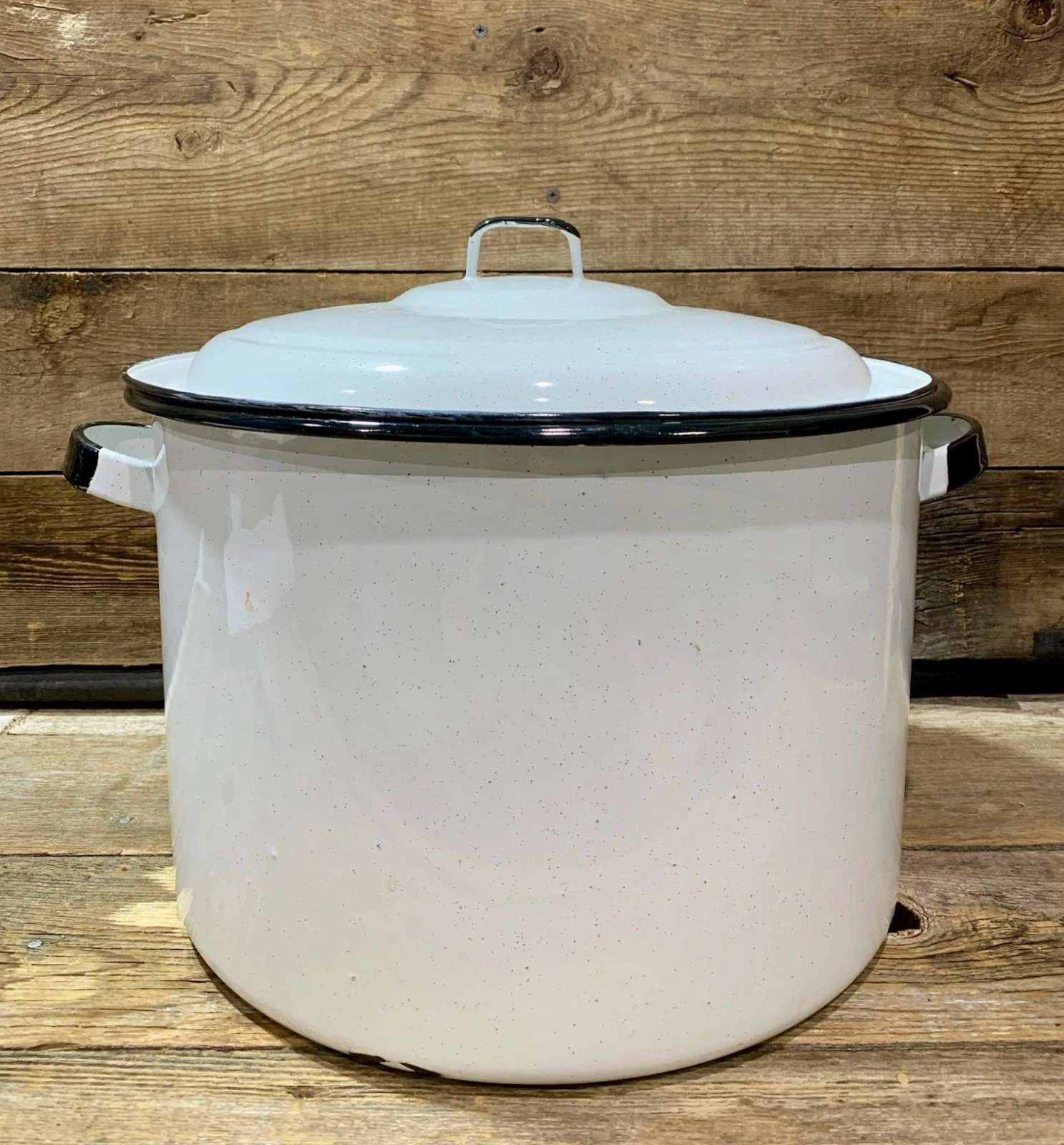 1980s-90s Enamelware, White Speckled Stock Pot, White with Black Trim