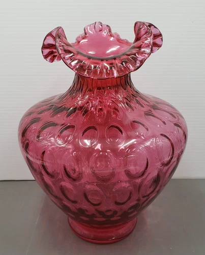 Fenton Art Glass Cranberry Coin Dot Thumbprint Large 11" Ruffled Rim Vase 1443