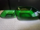 Vintage Anchor Hocking Fire-King Charm 7" square bowl & 5" Bowl Green glass.