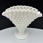 Vintage Fenton White Milk Glass Hobnail Fan Vase 5.75” Tall Ruffled Crimped Edge