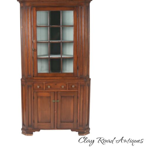 Antique 2pc Pa Tulip Poplar corner cupboard 1830s dovetailed bracket feet