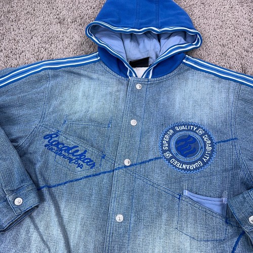 Vintage Rocawear Jacket Kids Large Blue Jean Denim Varsity Tape Hood Y2K Street - Picture 2 of 13