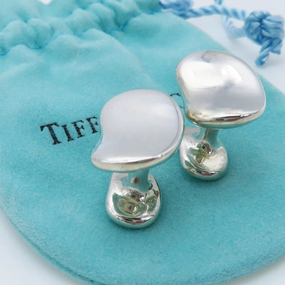 Gemelli Tiffany & Co. Bean Design Elsa Peretti argento sterling SV925 con cus... - Immagine 2 di 4