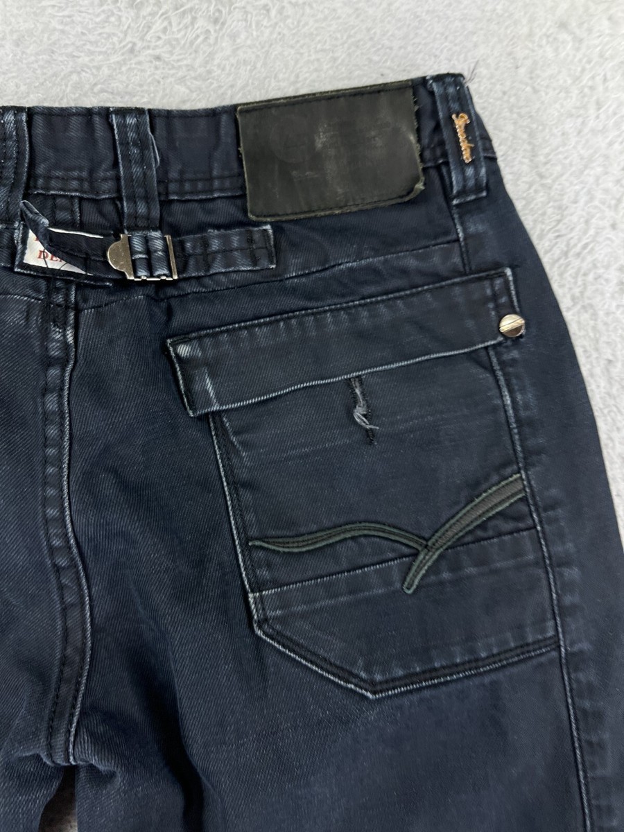 【oan】Black Slab Denim Pants LaoDao Pants Mens 33 Black Denim Jeans Straight Leg Cinch