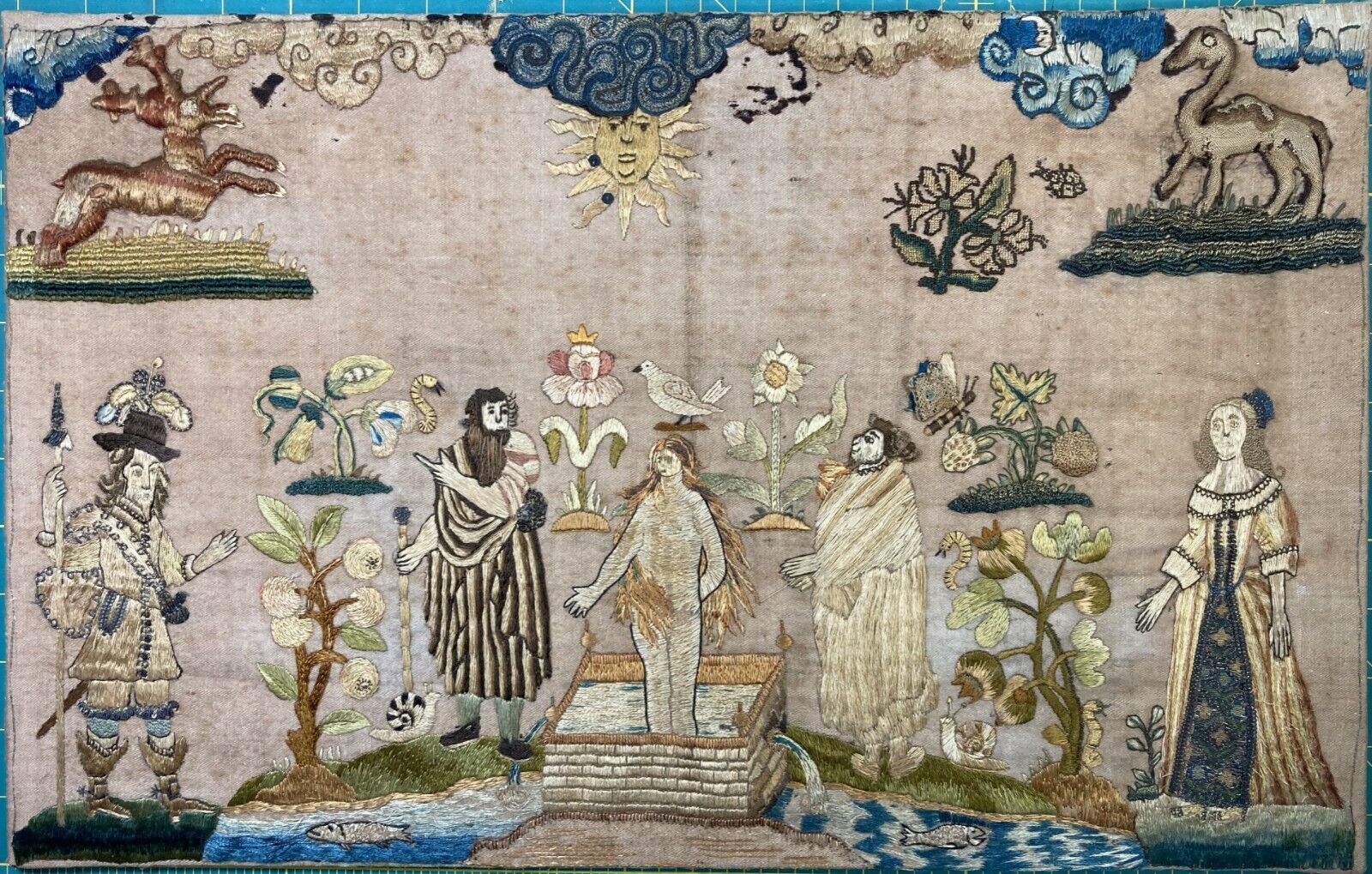 Exceptional 17th c. embroidered stumpwork, Susanna & Elders, fish, snail, sun.