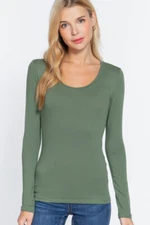 Women's Basic T-Shirt Scoop Neck Cotton Long Sleeve Solid Knit Plain Top Fitted
