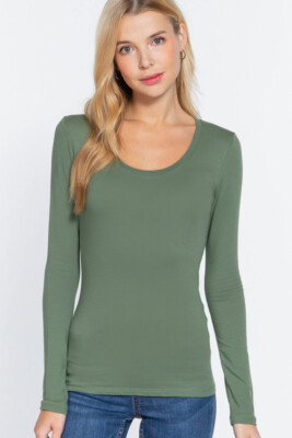 Women's Basic T-Shirt Scoop Neck Cotton Long Sleeve Solid Knit Plain Top Fitted