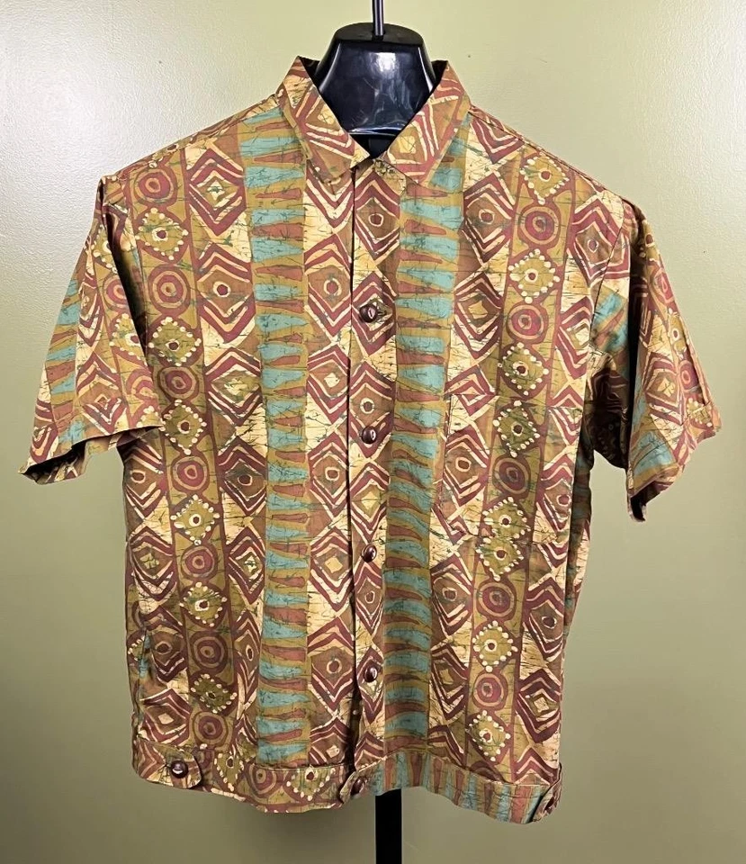 Camisa Hawaiana De Colección Años 60 Talla L Verde y Dorado Escena Tiki por Catalina California Foto 2 de 4