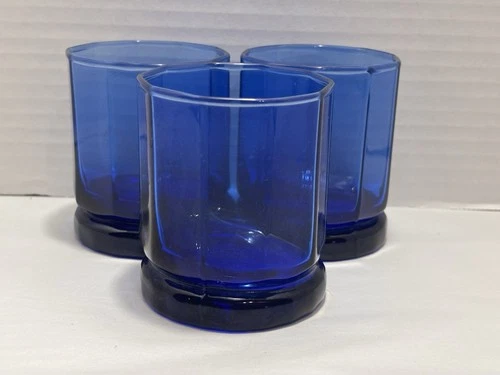 Vintage Anchor Hocking Cobalt Blue Essex 10 Panel Rocks Juice Glasses Set of 3