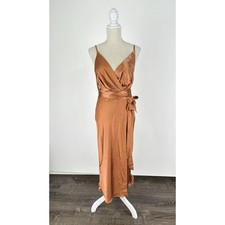 ASOS V Neck Satin Cami Wrap Midi Dress Chocolate Brown Womens Size 2 New