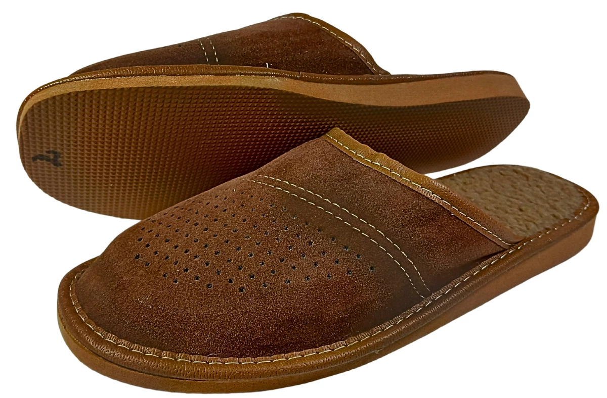 Herren Hausschuhe Leder Pantoffeln Braun Veloursleder Lammwolle Warme Gr. 40-46