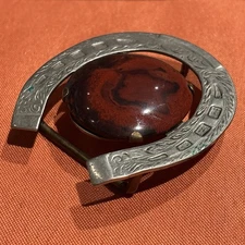Vintage Horseshoe with Red Agate stone silver tone belt buckle for Luck