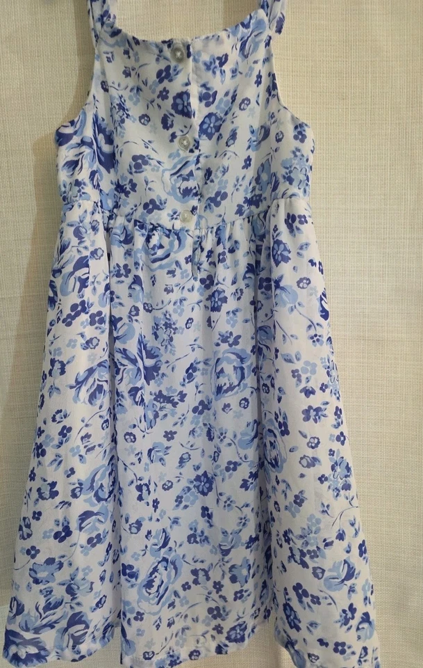 Vestido de algodón floral azul y blanco Wonder Kids niñas talla 5T con ribete colorido Foto 4 de 4