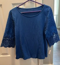 NEW Talbots 100% Cotton Blue Knit Top Crochet Sleeves $59.50 ~ Size Small