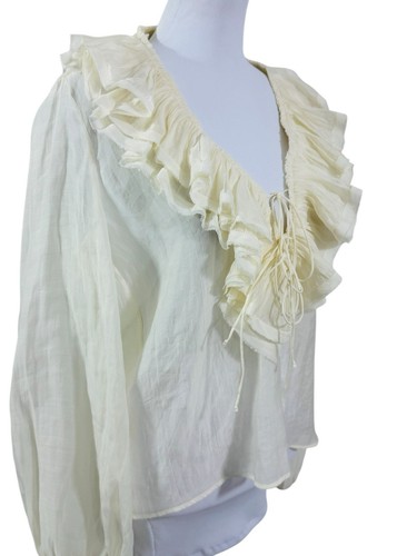 Zara Semi Sheer Ruffles Top Blouse XS Ivory Tencel Puff Sleeve Boho Peasant - Picture 3 of 11