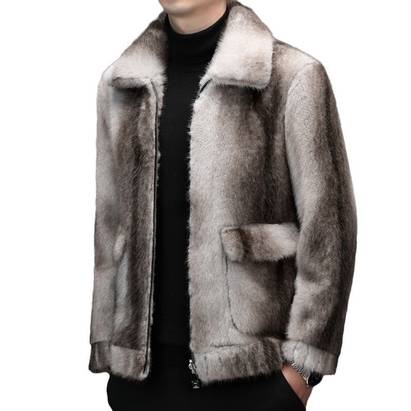 Winter Zip Mink Fur Mens Lapel Collar Faux Fur Short Coat