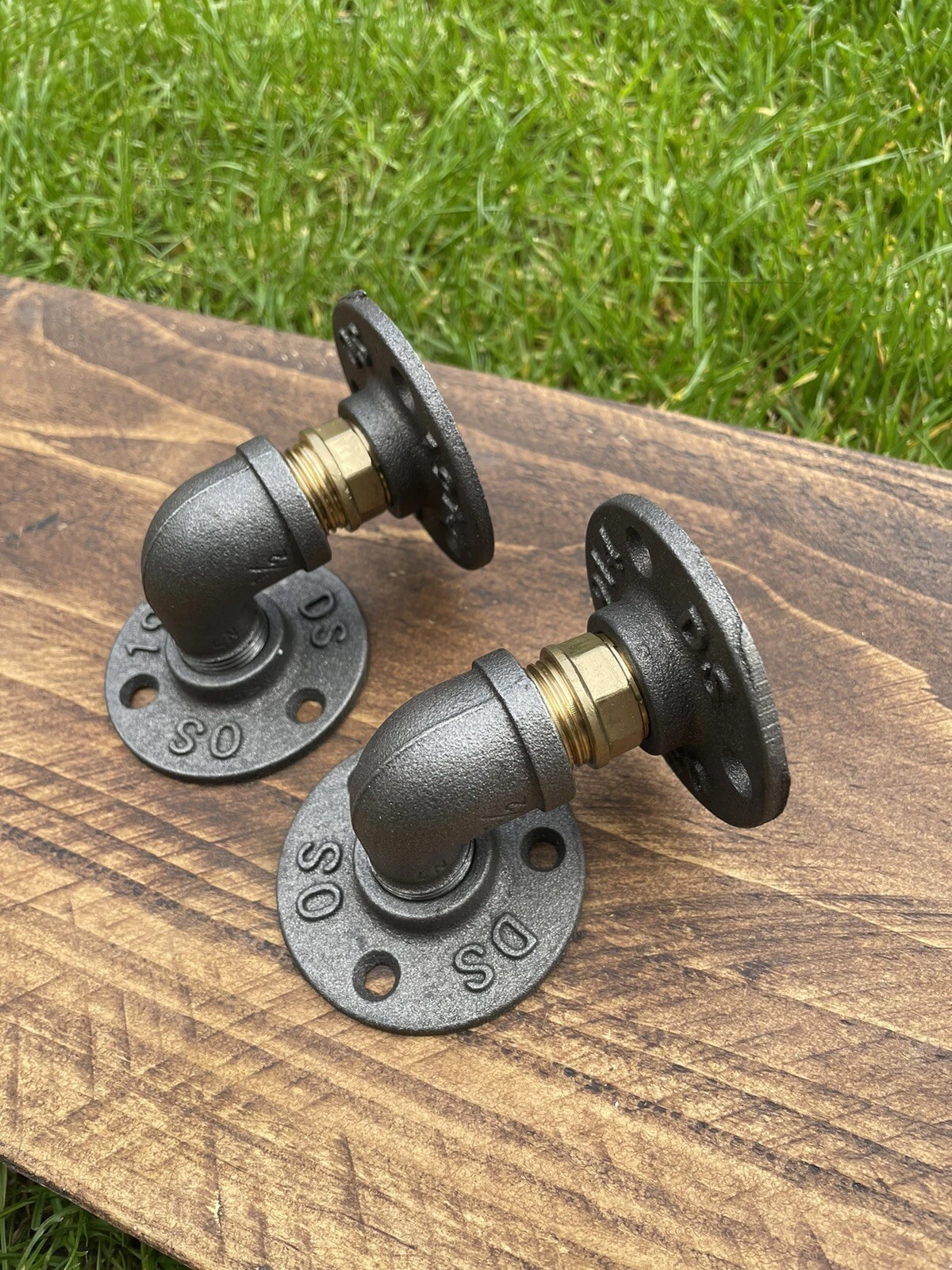 Pair of Sturdy Industrial Shelf Brackets brass & heavy Iron Pipe 6cm X 6cm
Opens in a new window or 
