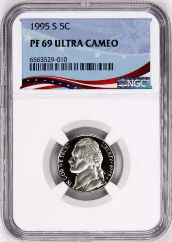 1995-S Proof Jefferson Nickel, Graded PF69UC NGC * OSR Sales Patriotic Label
