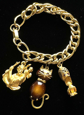 Vintage OBCO Gold Tone CAT SAINT CHRISTOPHER BIRD Charms Charm Bracelet 7''