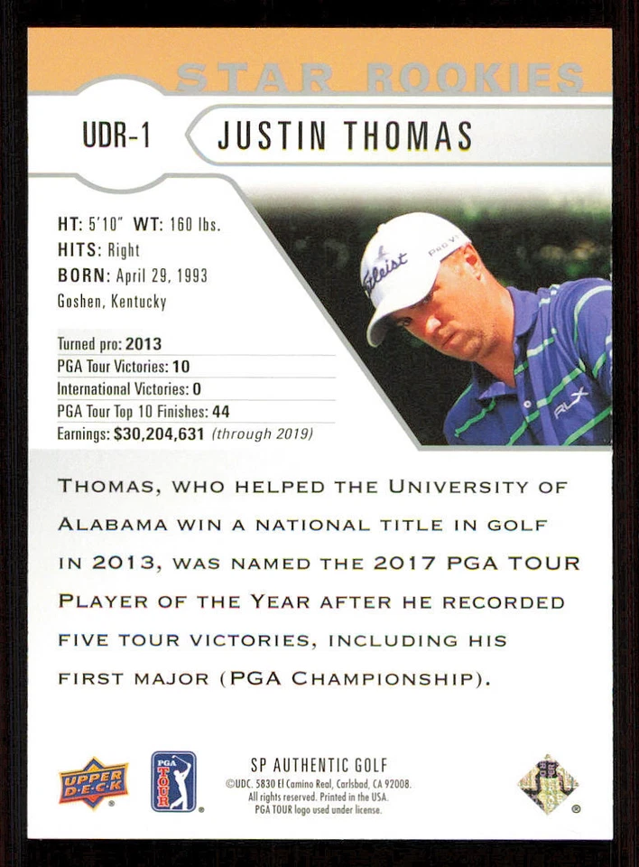 2021 SP Authentic Upper Deck Star Rookies #UDR1 Justin Thomas - Image 2 of 2