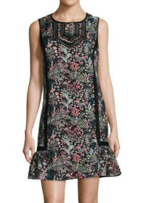 Laundry ~ Black Multi Floral Jacquard Ruffle Hem Shift Party Dress 6 NEW $225