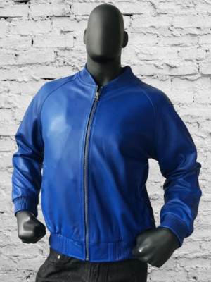 Authentic Men's Blue Leather Jacket Real Soft Lambskin Baseball Varsity Coat