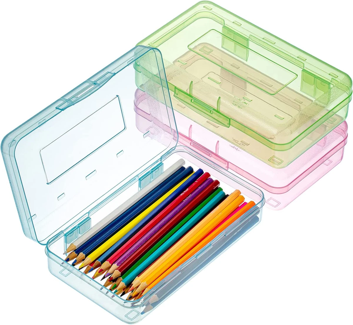 Pencil Box, 3 Pack, Assorted Colors, Plastic Crayon Box, Pencil Cases, Clear  P